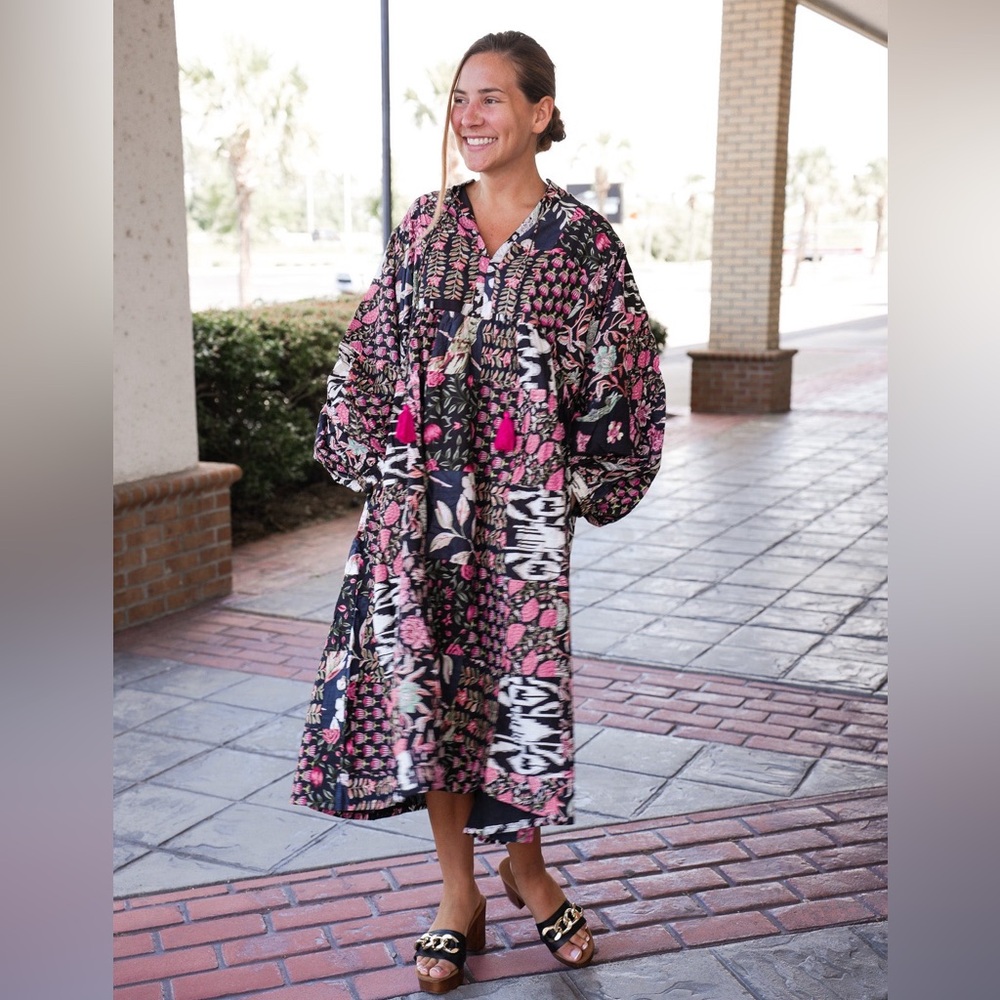 Nilah Patchwork Boho Cotton Black Dress